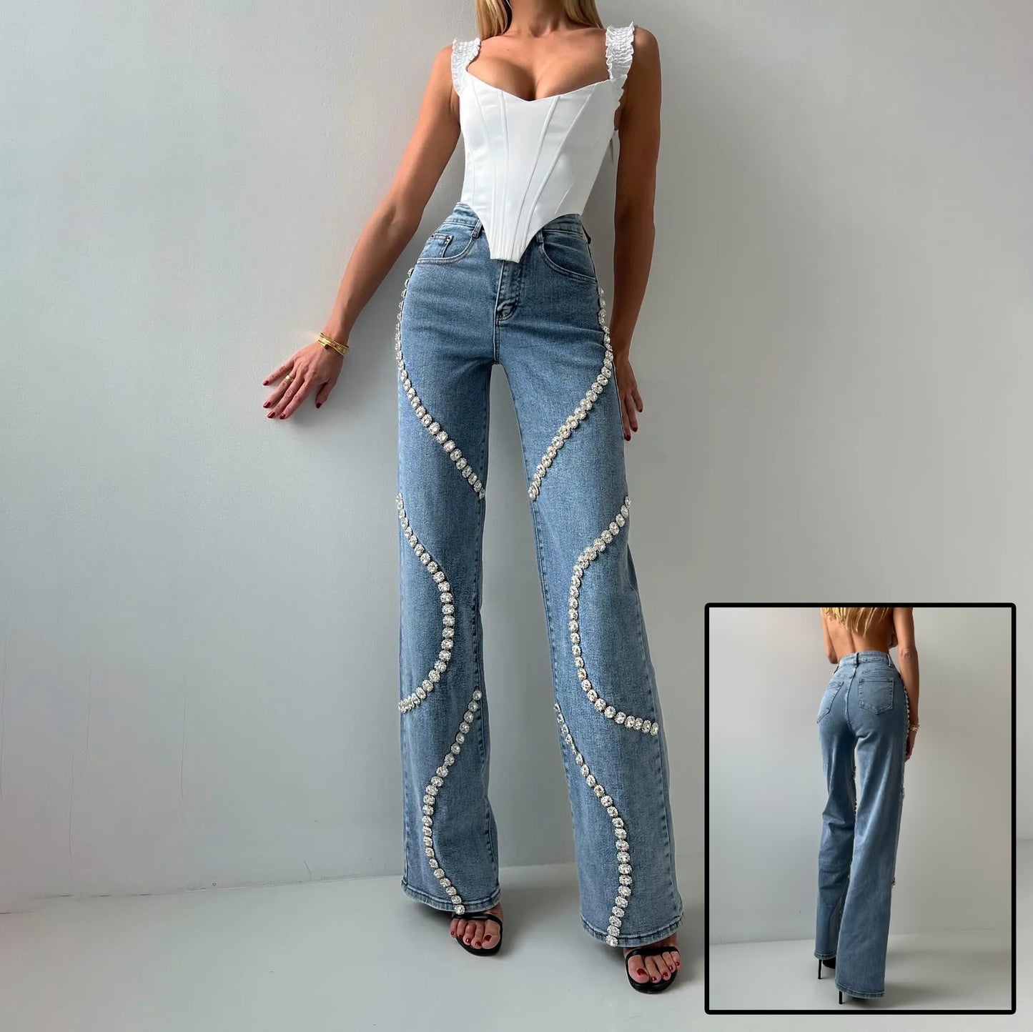 Curve-Studded Denim Straight-Legs