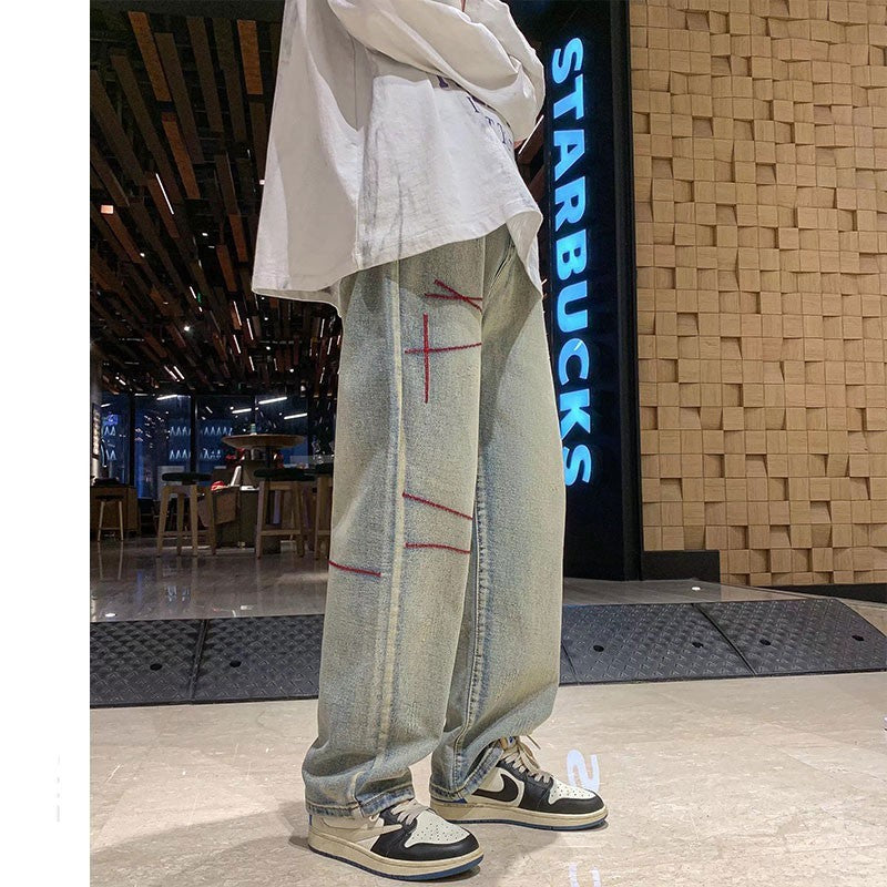 Love-Stitched Denim Trousers