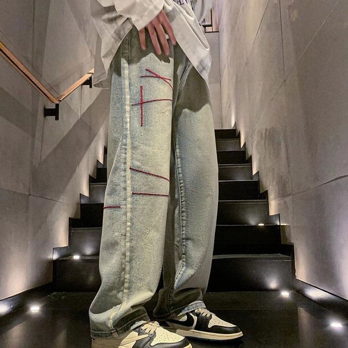 Love-Stitched Denim Trousers